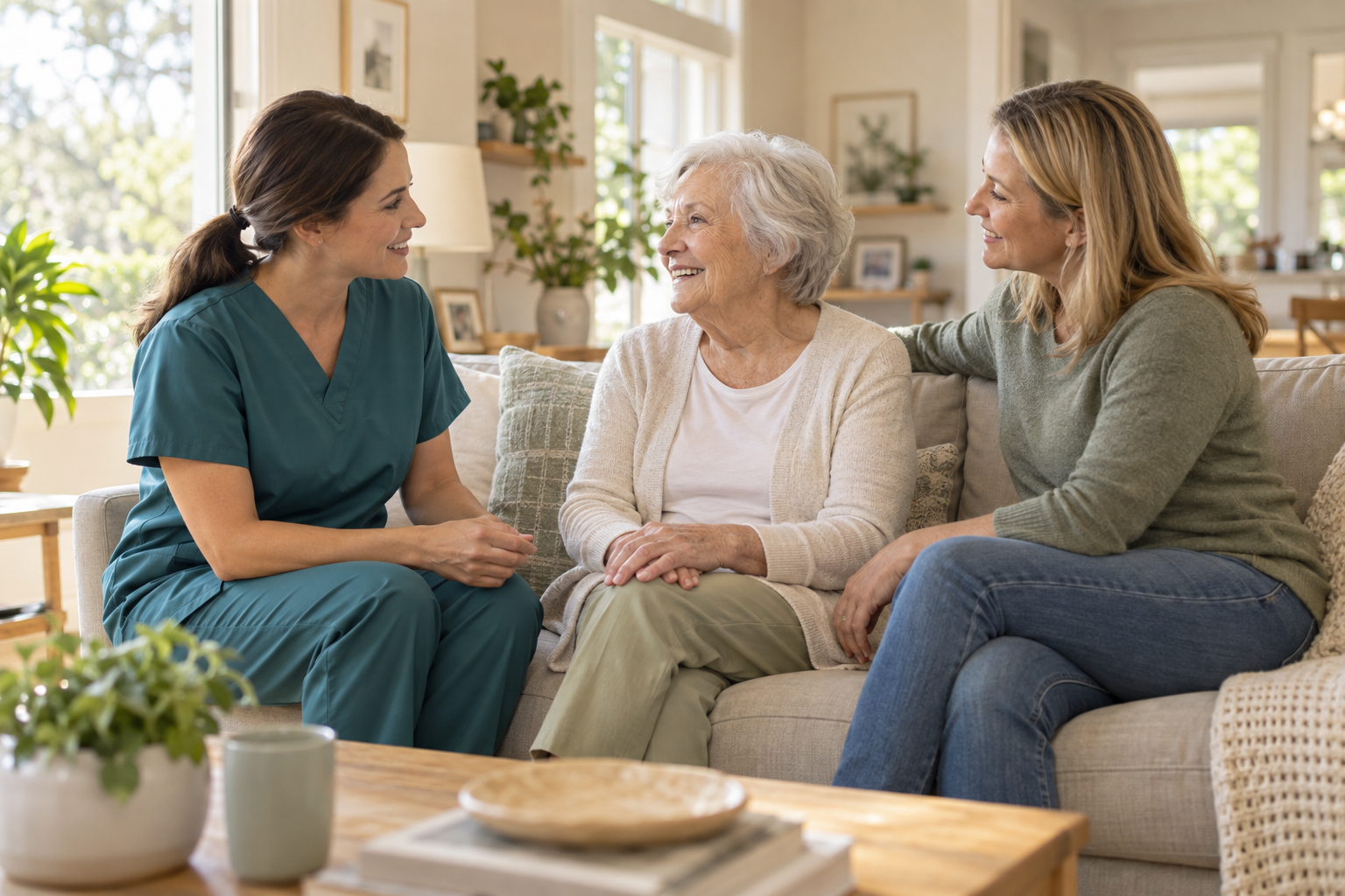 Illustrative scene of a home-care nurse talking with an older woman and her daughter